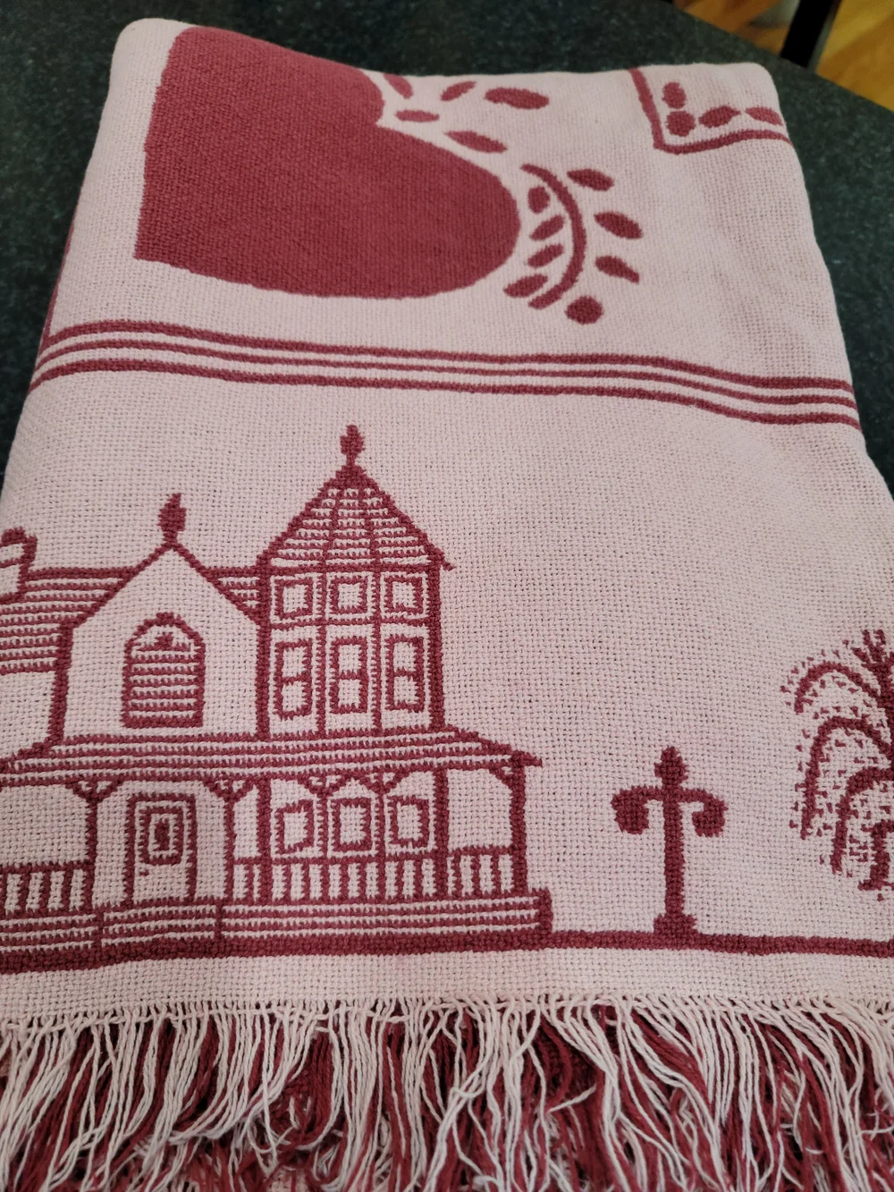 Vintage crimson & cream woven cotton throw blanket cottagecore Houses And Hearts